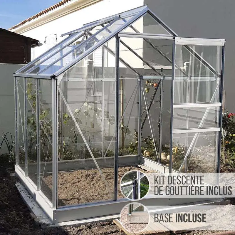 Serre de jardin LAMS Allium 3,70 m², coloris aluminium naturel, verre trempé 3 mm, base et descentes de gouttière incluses