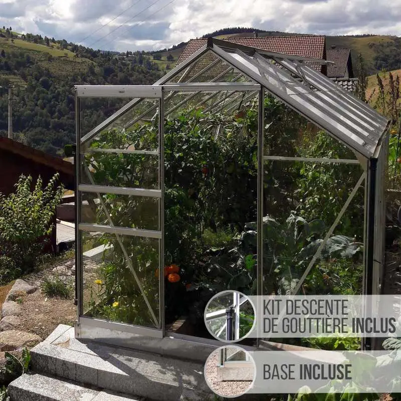 Serre de jardin LAMS Allium 7,30 m², coloris aluminium naturel, verre trempé 3 mm, base et descentes de gouttière incluses