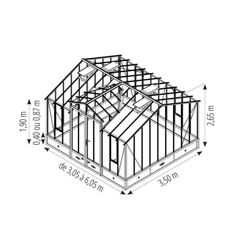 Serre CLASSIQUE largeur 3,50 m avec chien-assis sur embase aluminium