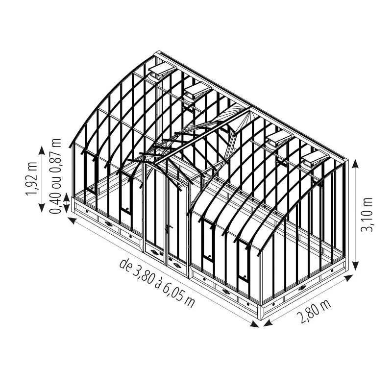 Serre MIRABEAU largeur 2,80 m sur embase aluminium