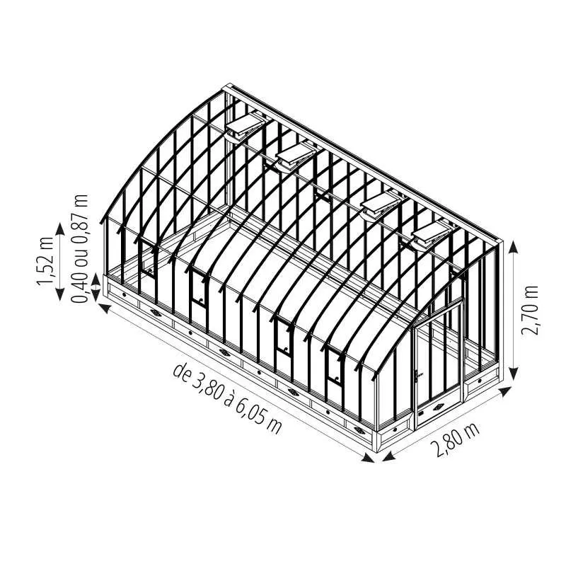 Serre VERSAILLES largeur 2,80 m sur embase aluminium
