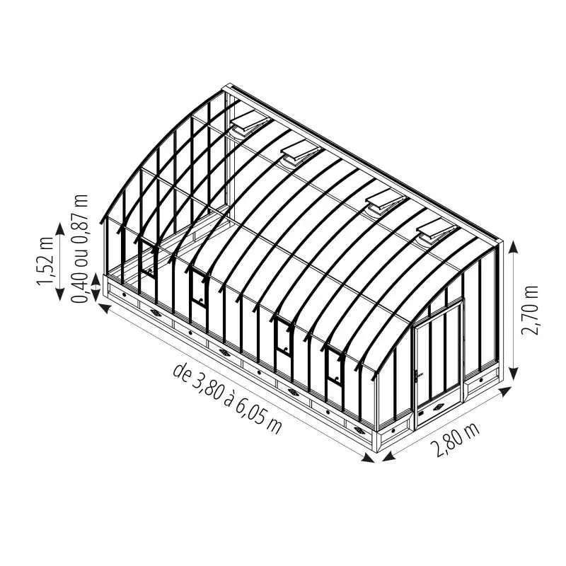 Serre CHAMBORD largeur 2,80 m sur embase aluminium