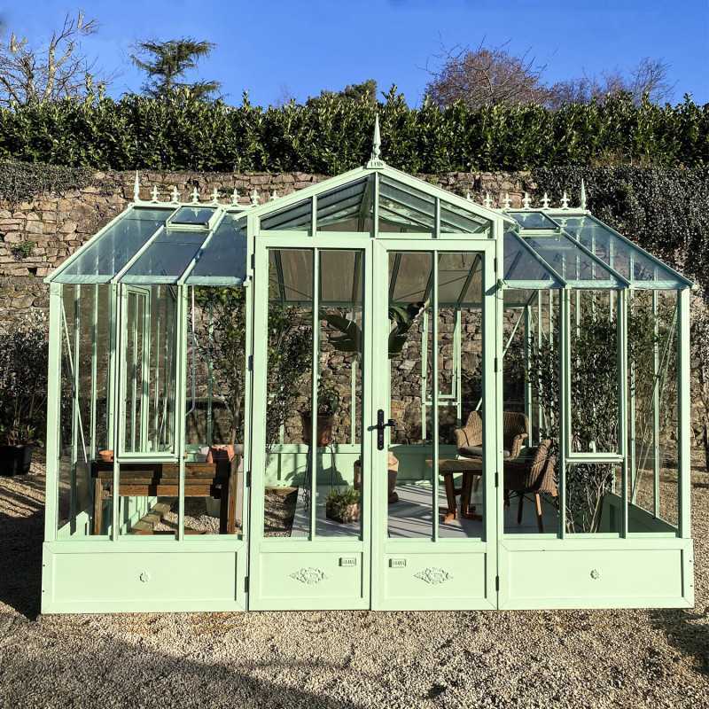 Serre CLASSIQUE largeur 3,50 m avec chien-assis sur embase aluminium