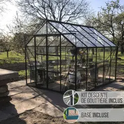 Serre de jardin LAMS Laurus 8,10 m², coloris vert, verre trempé 3 mm, base et descentes de gouttière incluses