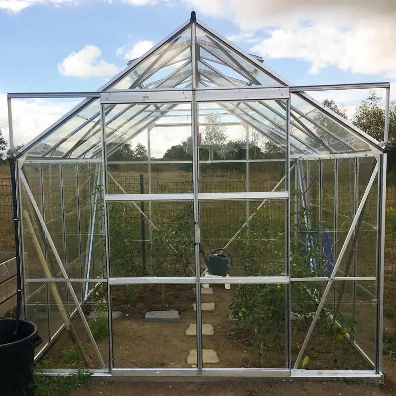 Serre de jardin LAMS Laurus 8,10 m², coloris aluminium naturel, verre trempé 3 mm