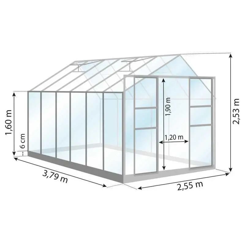 Schéma serre de jardin LAMS Laurus 9,70 m², verre trempé 3 mm