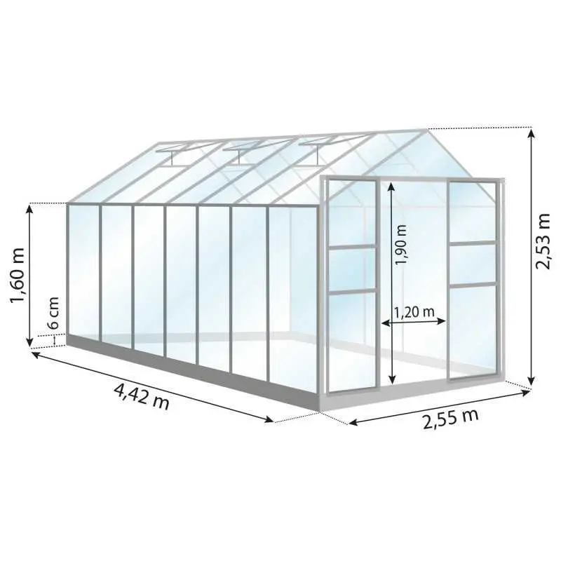Schéma serre de jardin LAMS Laurus 11,30 m², verre trempé 3 mm