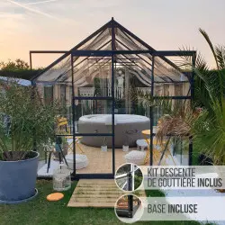 Serre de jardin LAMS Laurus 11,30 m², coloris gris anthracite, verre trempé 3 mm, base et descentes de gouttière incluses