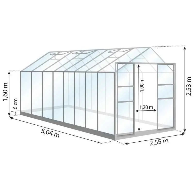 Schéma serre de jardin LAMS Laurus 12,90 m², verre trempé 3 mm