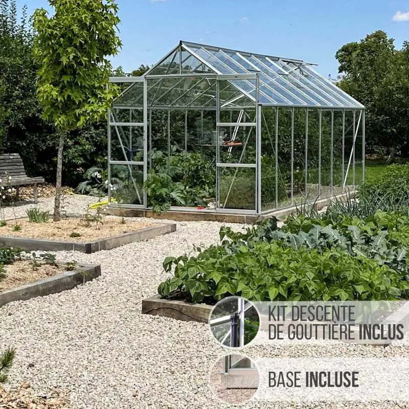 Serre de jardin LAMS Laurus 12,90 m², coloris aluminium naturel, verre trempé 3 mm, base et descentes de gouttière incluses