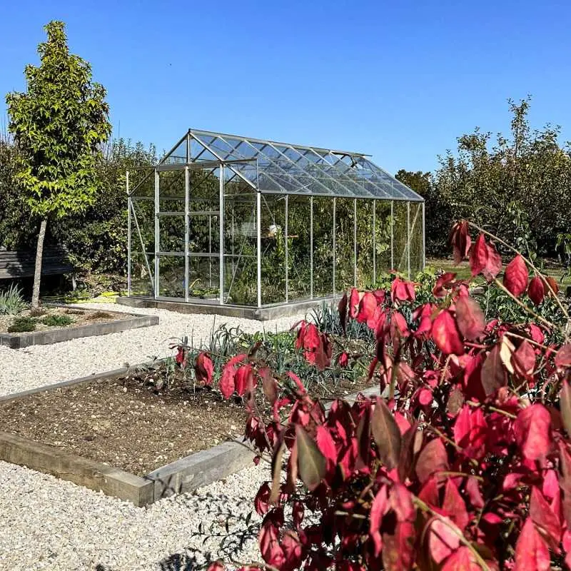 Serre de jardin LAMS Laurus 12,90 m², coloris aluminium naturel, verre trempé 3 mm