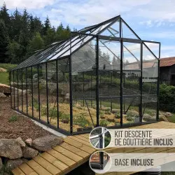 Serre de jardin LAMS Laurus 14,40 m², coloris gris anthracite, verre trempé 3 mm, base et descentes de gouttière incluses