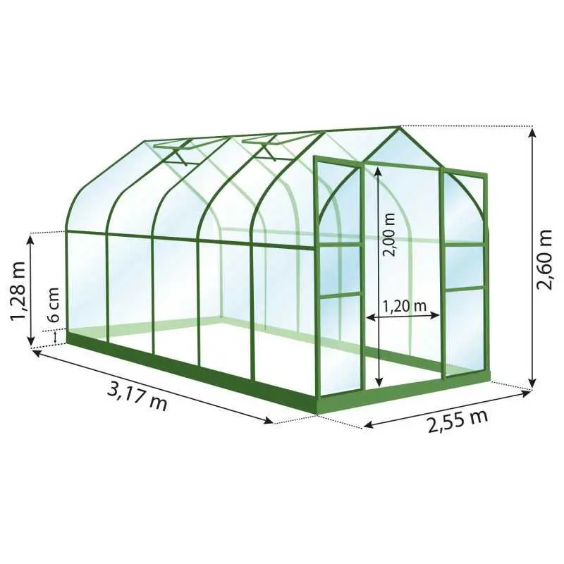Schéma serre de jardin LAMS Aloé 8,10 m², verre trempé 3 mm
