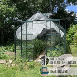 Serre de jardin LAMS Aloé 9,70 m², coloris vert, verre trempé 3 mm, base et descente de gouttière incluses