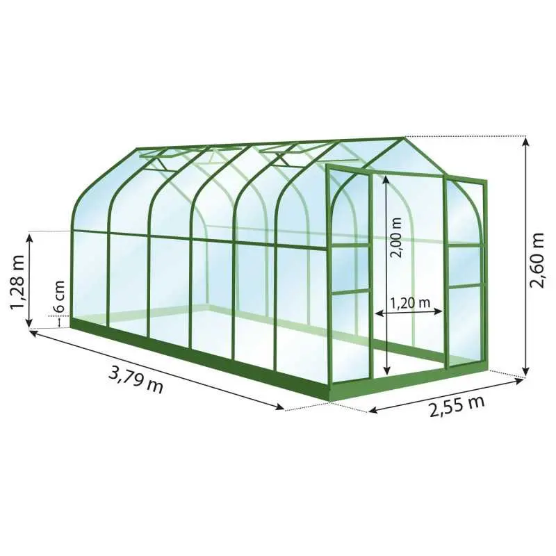 Schéma serre de jardin LAMS Aloé 9,70 m², verre trempé 3 mm