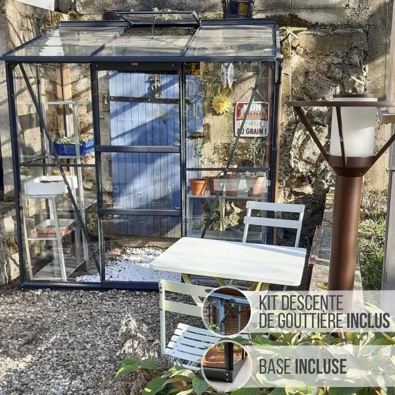 Serre de jardin LAMS Mélissa 2,50 m², coloris gris anthracite, verre trempé 3 mm, base et descente de gouttière incluses
