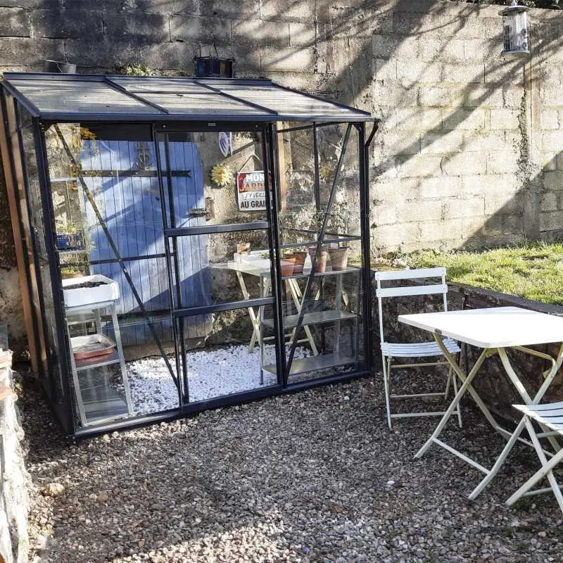 Serre de jardin LAMS Mélissa 2,50 m², coloris gris anthracite, verre trempé 3 mm