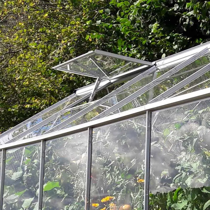 Serre de jardin LAMS Mélissa 4,90 m², coloris aluminium naturel, verre trempé 3 mm, lucarne de toiture