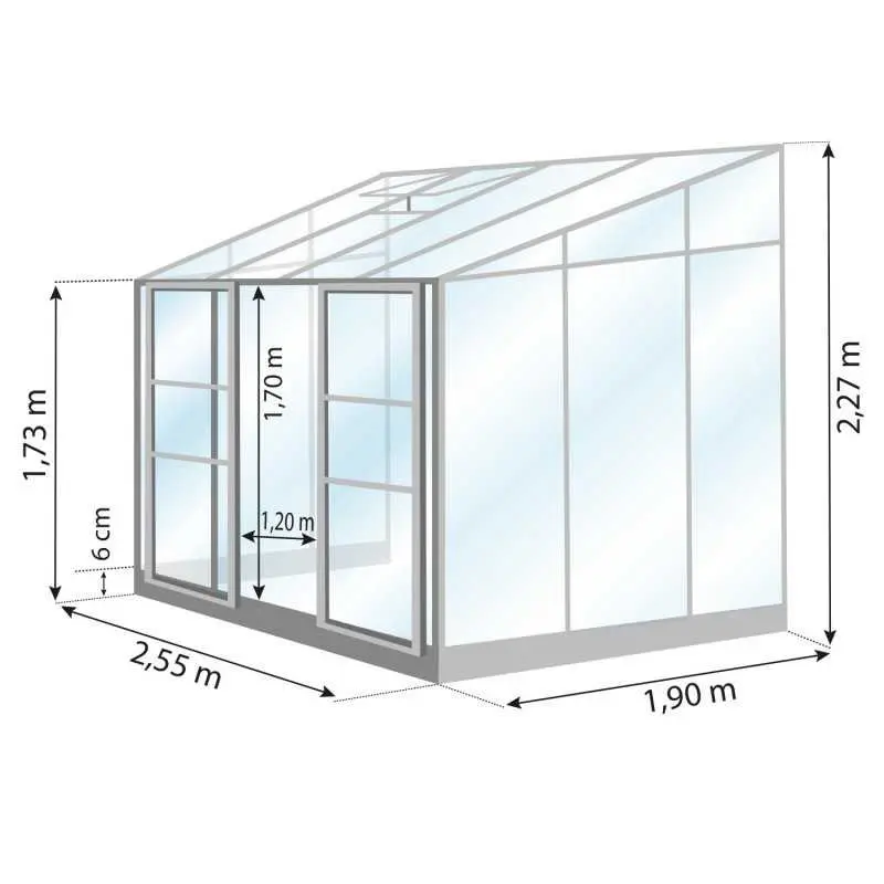 Schéma serre de jardin LAMS Mélissa 4,90 m², verre trempé 3 mm, double porte en façade