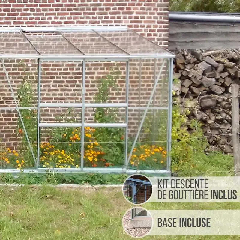 Serre de jardin LAMS Mélissa 4,90 m², coloris aluminium naturel, verre trempé 3 mm, base et descente de gouttière incluses