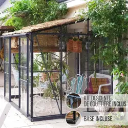 Serre de jardin LAMS Mélissa 4,90 m², coloris gris anthracite, verre trempé 3 mm, base et descente de gouttière incluses