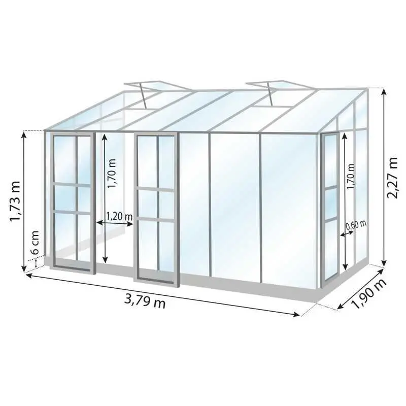 Schéma serre de jardin LAMS Mélissa 7,20 m², verre trempé 3 mm, double porte en façade et porte simple sur le côté droit