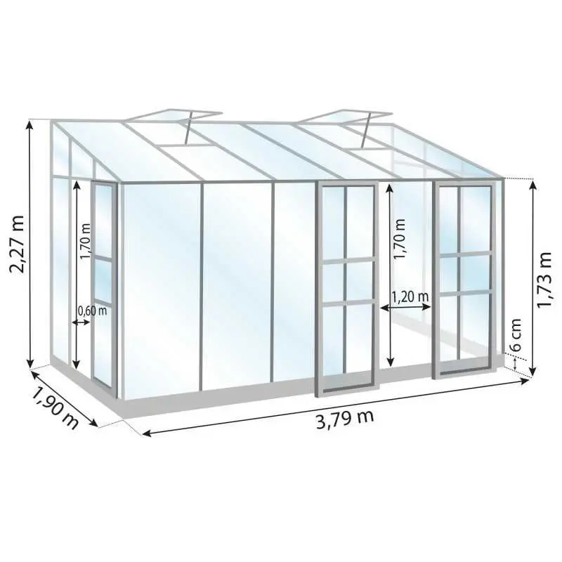 Schéma serre de jardin LAMS Mélissa 7,20 m², verre trempé 3 mm, double porte en façade et porte simple sur le côté gauche