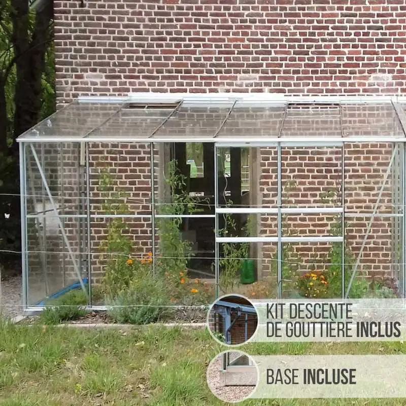 Serre de jardin LAMS Mélissa 7,20 m², coloris aluminium naturel, verre trempé 3 mm, base et descente de gouttière incluses