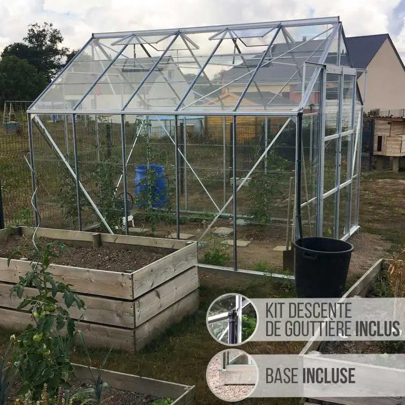 Serre de jardin LAMS Laurus 8,10 m², coloris aluminium naturel, verre trempé 3 mm, base et descentes de gouttière incluses