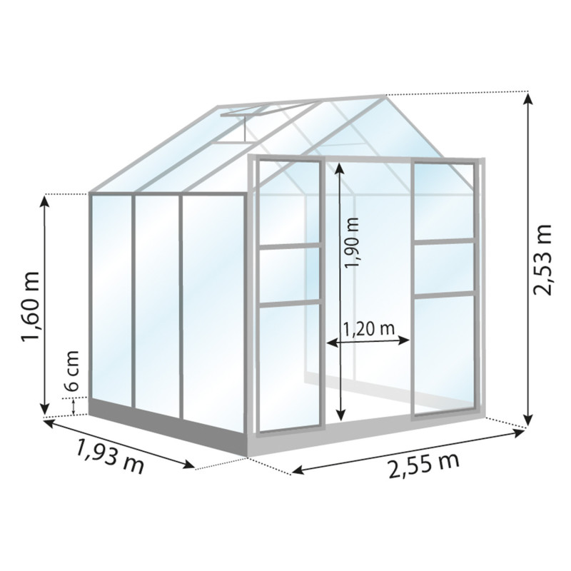 Schéma serre de jardin LAMS Laurus 4,90 m², verre trempé 3 mm
