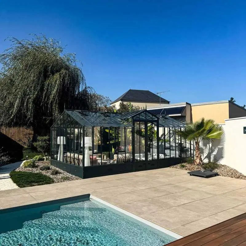 Serre CLASSIQUE largeur 3,50 m avec chien-assis sur embase aluminium