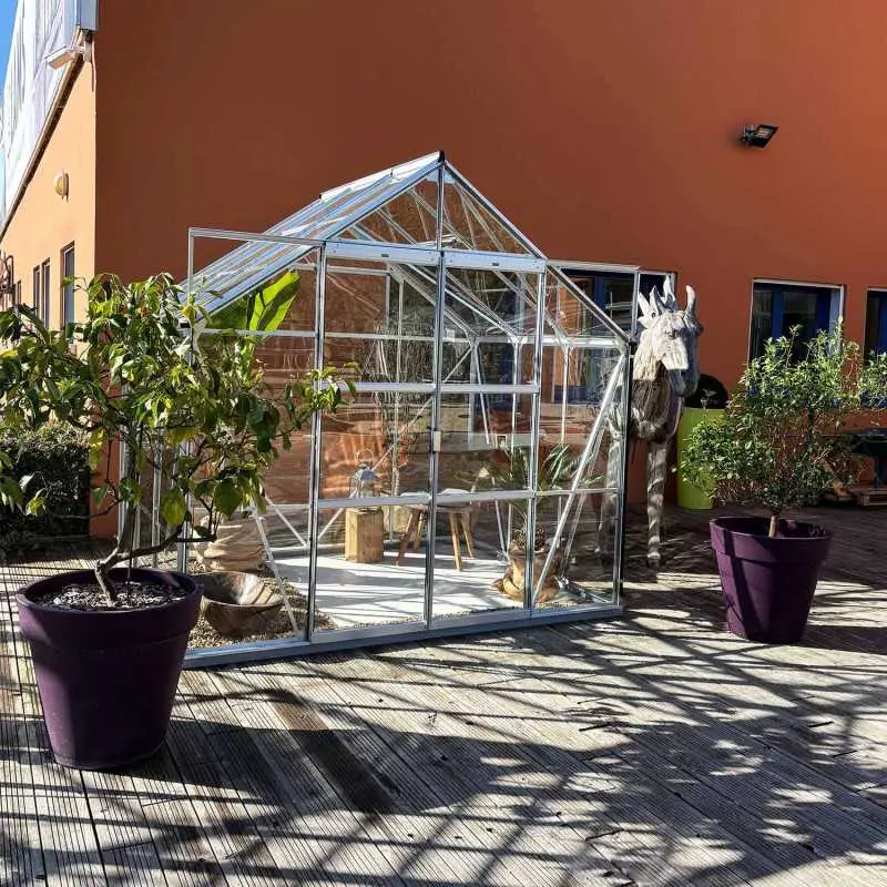 Serre de jardin LAMS Laurus 4,90 m², coloris aluminium naturel, verre trempé 3 mm