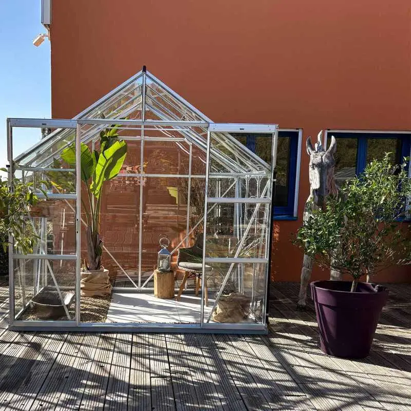 Serre de jardin LAMS Laurus 4,90 m², coloris aluminium naturel, verre trempé 3 mm