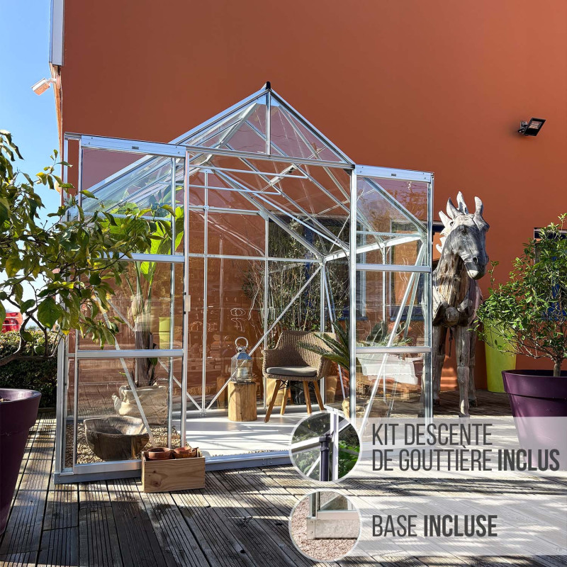 Serre de jardin LAMS Laurus 4,90 m², coloris aluminium naturel, verre trempé 3 mm, base et descentes de gouttière incluses