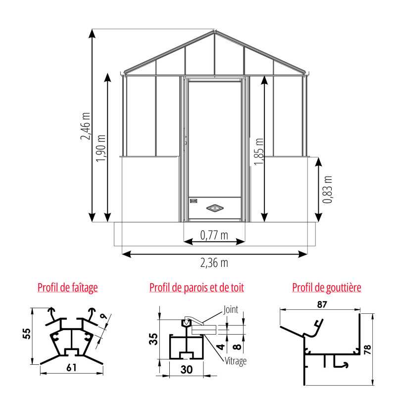 Serre LUXIA Rétro sur muret largeur 2,36 m