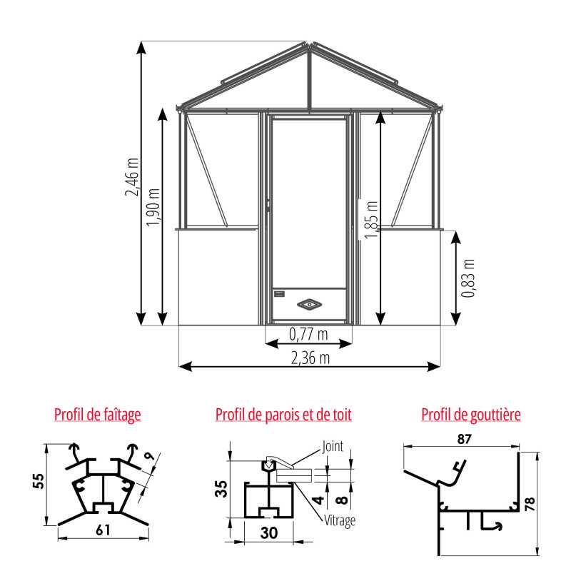 Serre LUXIA sur muret largeur 2,36 m