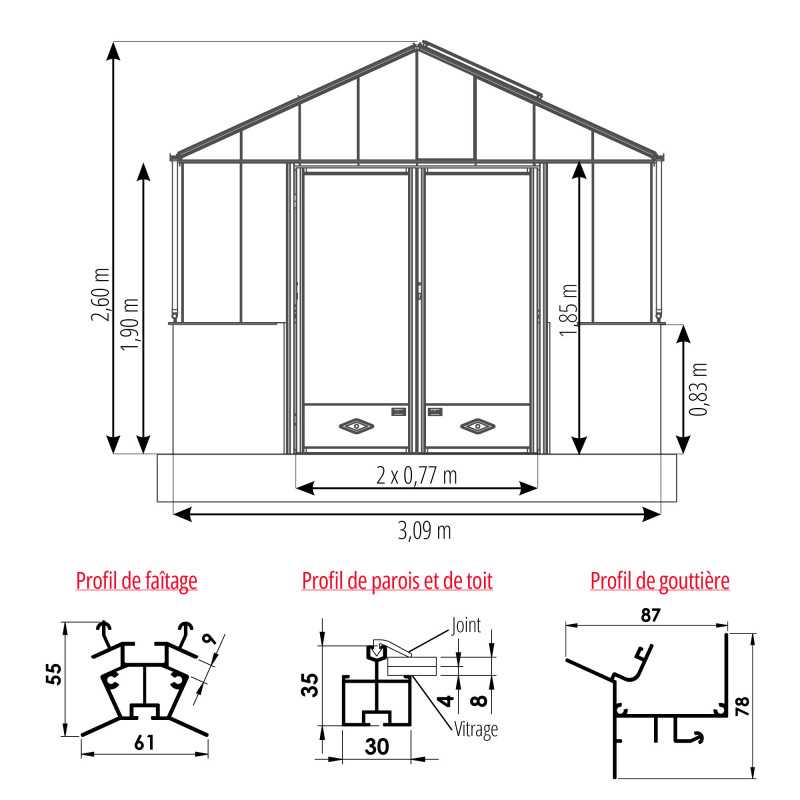 Serre LUXIA Rétro sur muret largeur 3,09 m