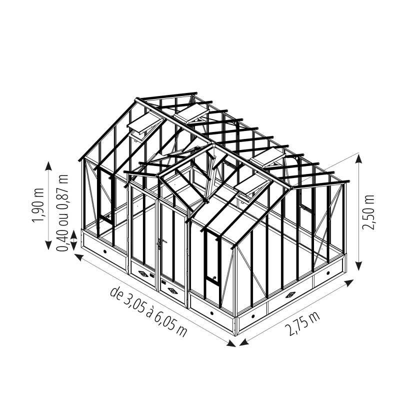Serre CLASSIQUE largeur 2,75 m avec chien-assis sur muret