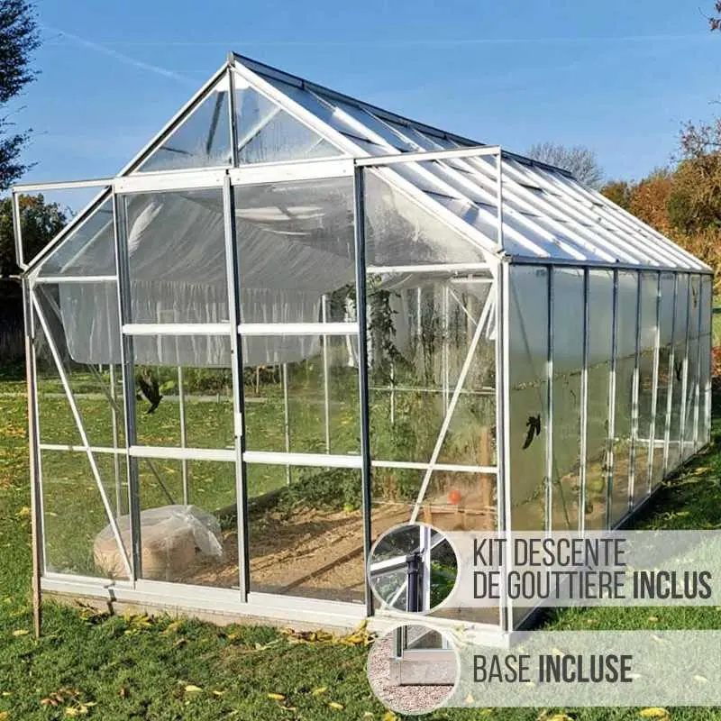 Serre de jardin LAMS Laurus 14,40 m², coloris aluminium naturel, verre trempé 3 mm, base et descentes de gouttière incluses