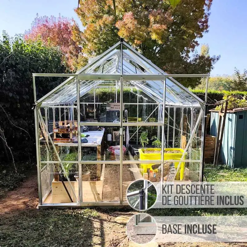 Serre de jardin LAMS Laurus 9,70 m², coloris aluminium naturel, verre trempé 3 mm, base et descentes de gouttière incluses