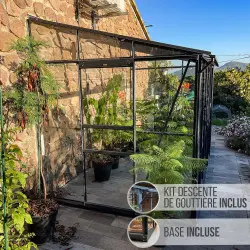 Serre de jardin LAMS Mélissa 7,20 m², coloris gris anthracite, verre trempé 3 mm, base et descente de gouttière incluses