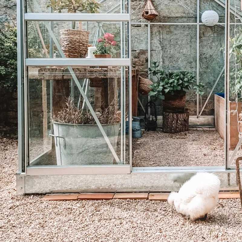 Serre de jardin LAMS Laurus 11,30 m², coloris aluminium naturel, verre trempé 3 mm, base incluse