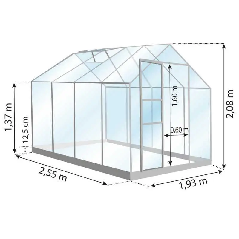 Schéma serre de jardin LAMS Allium 4,90 m², verre trempé 3 mm
